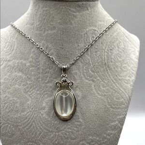 Elegant Silver Pendant Necklace With Large Center White Stone Oversized